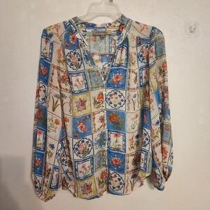 Figueroa & Flower Patchwork Floral Sheer Long Sleeve Blouse Button V-neck S NWT